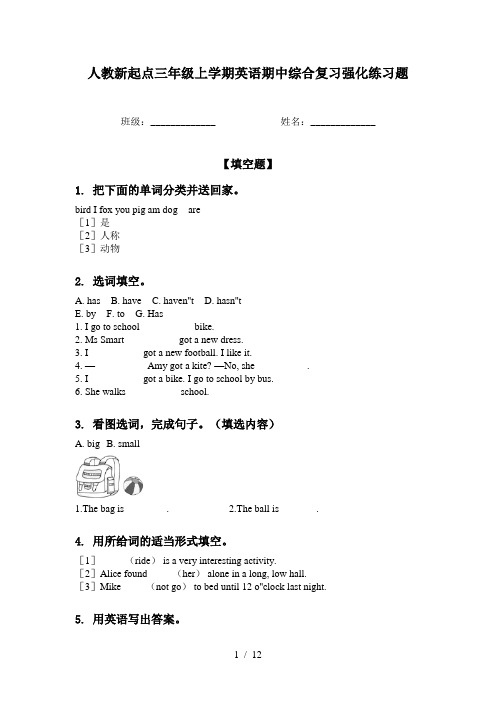 人教新起点三年级上学期英语期中综合复习强化练习题