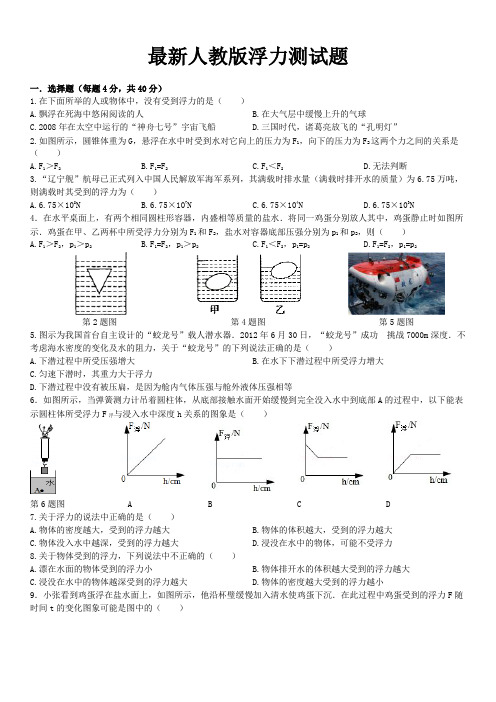 最新人教版浮力测试题