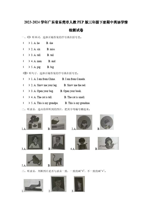 2023-2024学年广东省东莞市人教PEP版三年级下册期中英语学情检测试卷(含解析)
