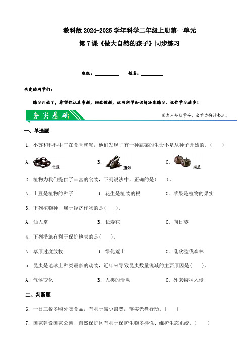 教科版2024-2025学年科学二年级上册第一单元第7课《做大自然的孩子》同步练习(含答案)