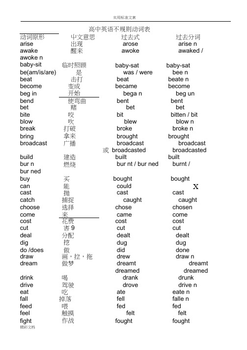 高中不规则动词过去式和过去分词表