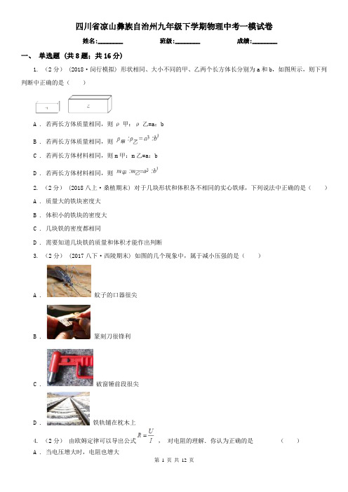 四川省凉山彝族自治州九年级下学期物理中考一模试卷