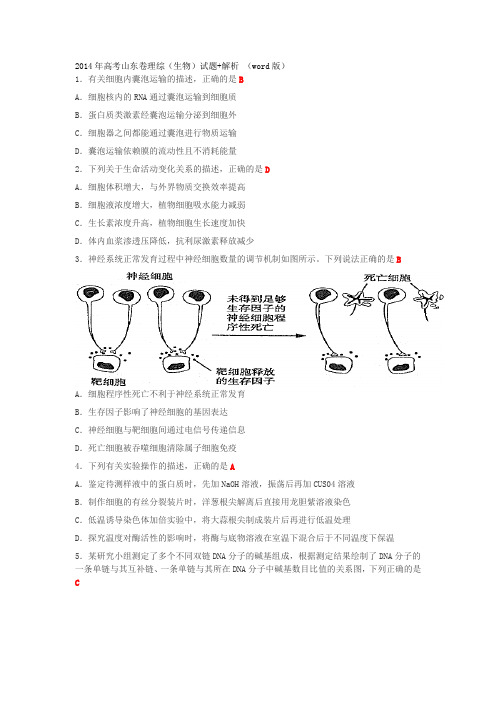 2014年高考山东卷理综(生物)试题+解析 (word版)
