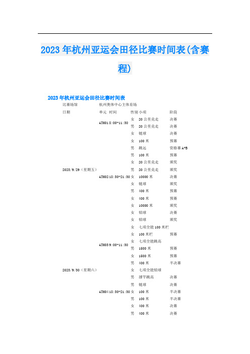 2023年杭州亚运会田径比赛时间表(含赛程)