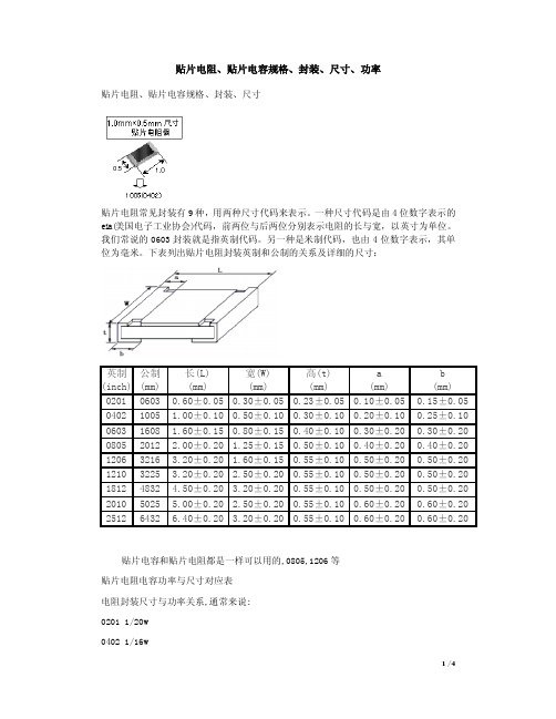 贴片电阻规格封装尺寸 