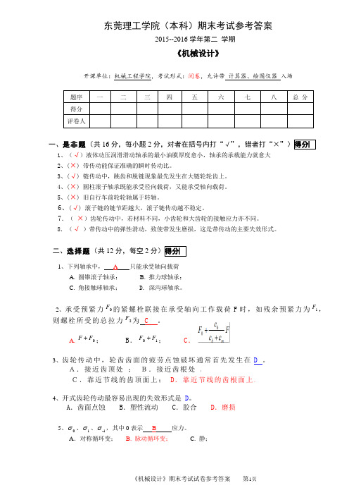 (完整版)东莞理工学院机械设计期末考试参考答案