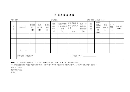 投标分项报价表