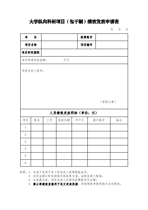 大学纵向科研项目(包干制)绩效发放申请表