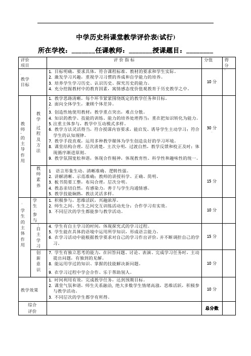 初中历史科课堂教学评价表