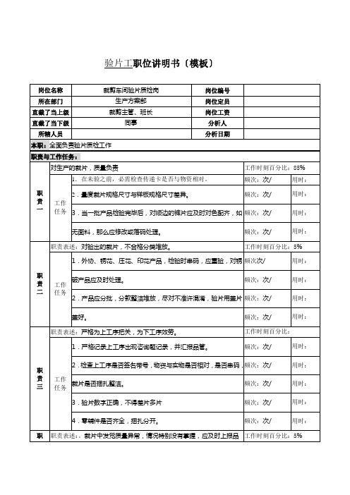 某服装生产企业生产部验片工职位说明书