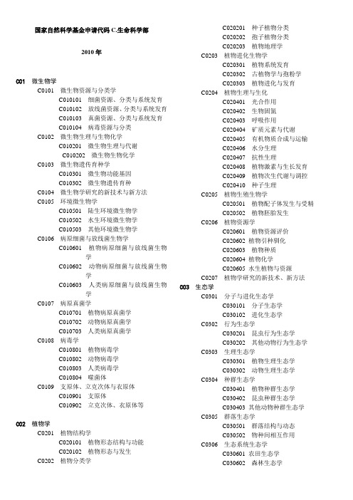 国家自然科学基金申请代码C.生命科学部2010年