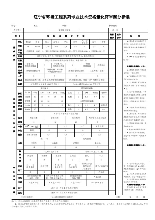 辽宁省环境工程系列专业技术资格量化评审赋分标准