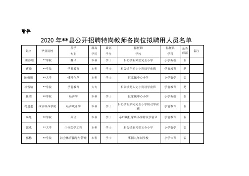 2020年长武县公开招聘特岗教师各岗位拟聘用人员名单【模板】