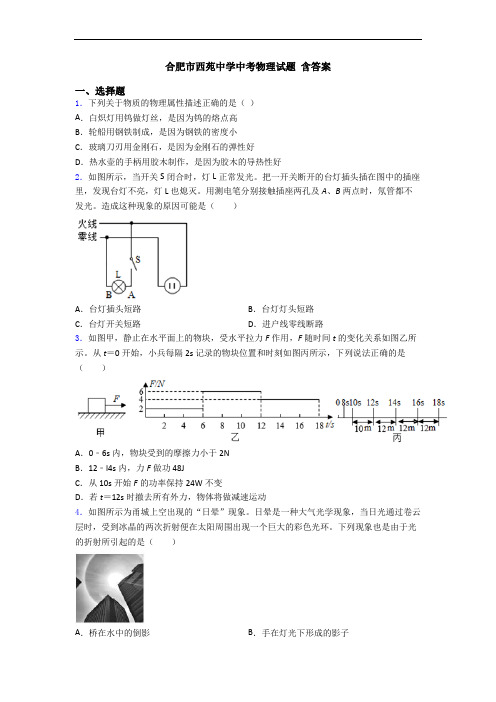 合肥市西苑中学中考物理试题 含答案