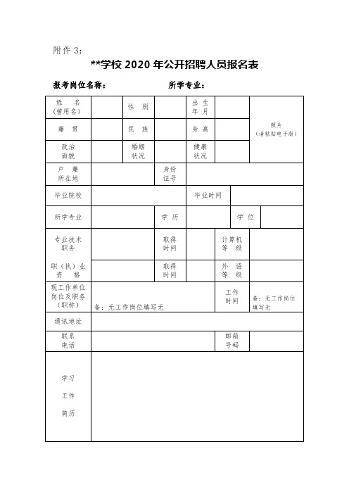 XX学校2020年公开招聘人员报名表【模板】