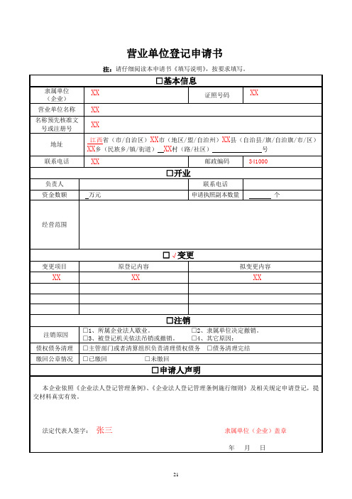 营业单位开业变更注销申请书