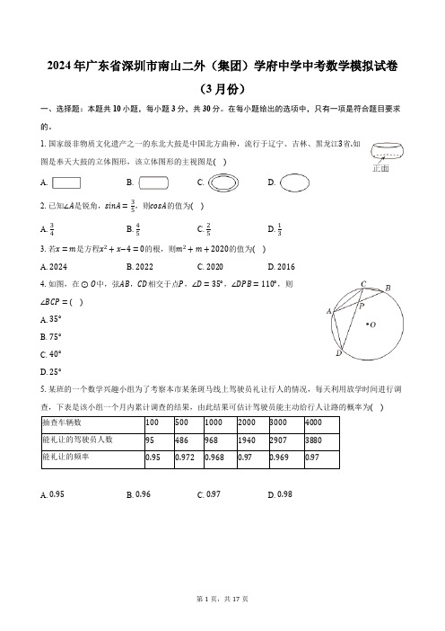 2024年广东省深圳市南山二外(集团)学府中学中考数学模拟试卷(3月份)(含解析)