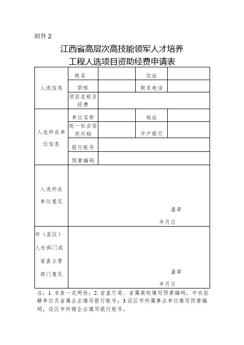 江西省高层次高技能领军人才培养工程人选项目资助和研修资助经费申请表