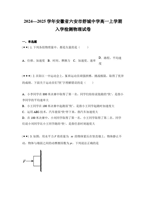 2024—2025学年安徽省六安市舒城中学高一上学期入学检测物理试卷