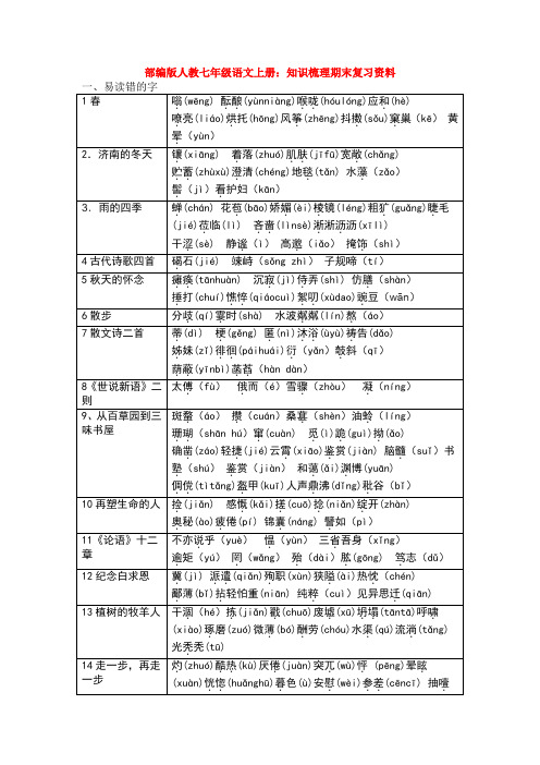 新部编版人教七年级语文上册：知识梳理期末复习资料