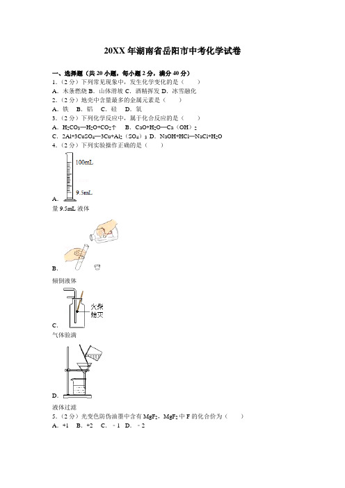 岳阳市中考化学试卷及解析