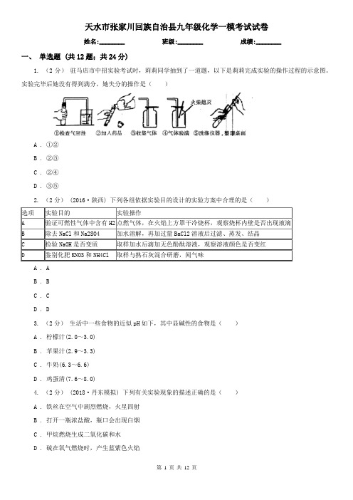 天水市张家川回族自治县九年级化学一模考试试卷