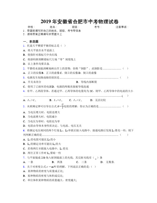 最新2019年安徽省合肥市中考物理试卷及解析