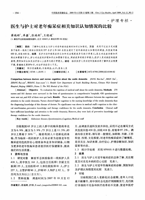 医生与护士对老年痴呆症相关知识认知情况的比较