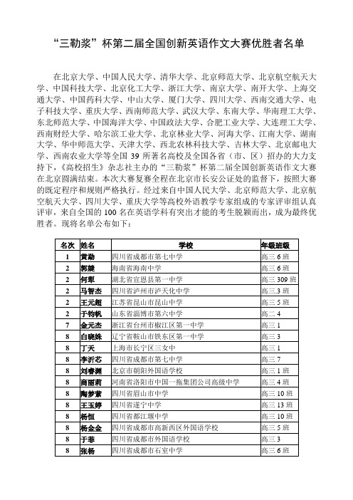 第二届全国创新英语大赛优胜者名单