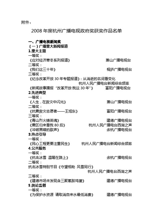 2008年度杭州广播电视政府奖获奖作品名单