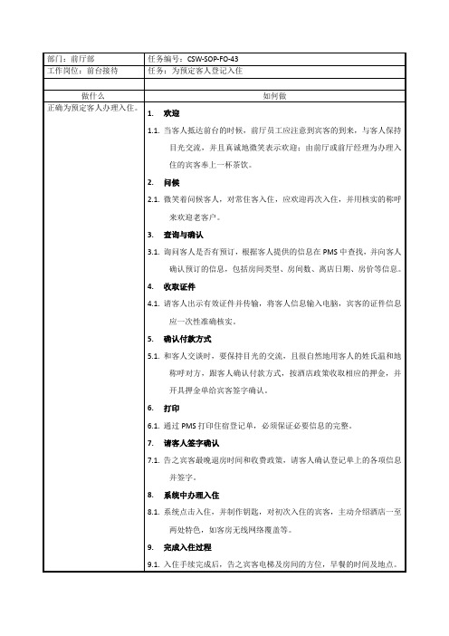 CSW-SOP-FO-43预定客人登记入住