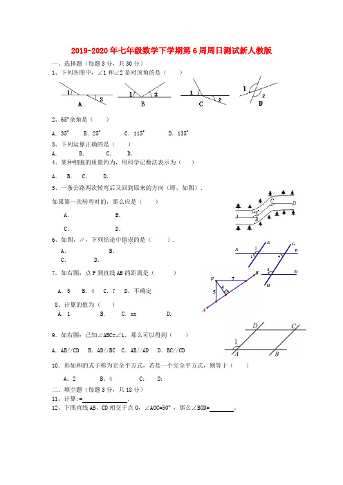 2019-2020年七年级数学下学期第6周周日测试新人教版