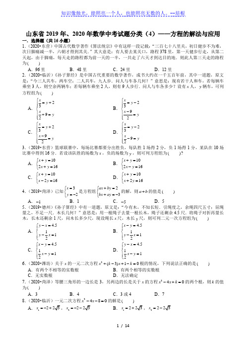 山东省2019年、2020年数学中考试题分类(4)——方程的解法与应用(含解析)