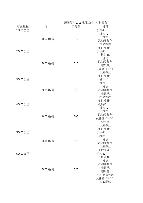 一汽大众保养价目表4S