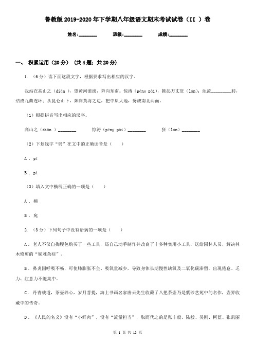 鲁教版2019-2020年下学期八年级语文期末考试试卷(II )卷