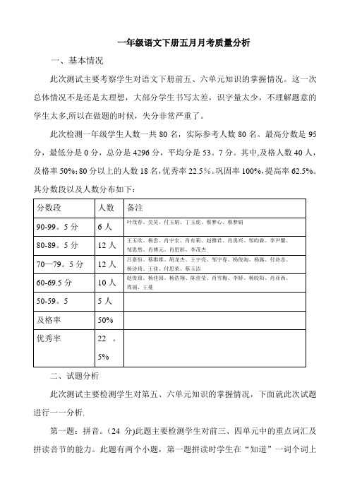 一年级语文下册五月月考质量分析