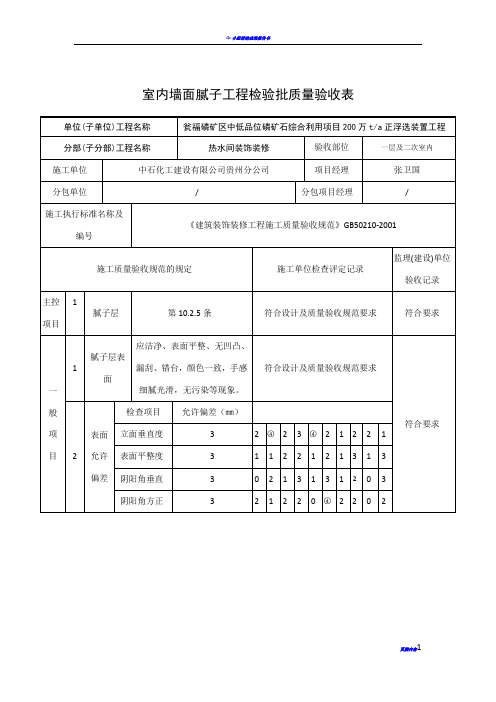 室内墙面腻子工程检验批质量验收表