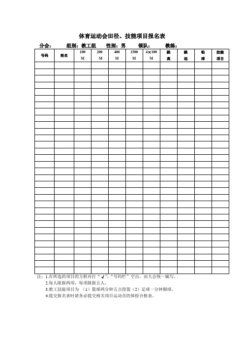 体育运动会田径、技能项目报名表