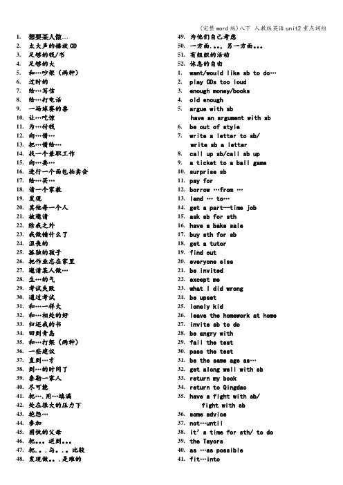 (完整word版)八下 人教版英语unit2重点词组