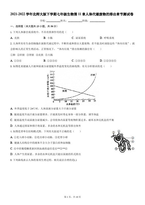 北师大版七年级下册生物第11章人体代谢废物的排出 章节测试卷(含答案)