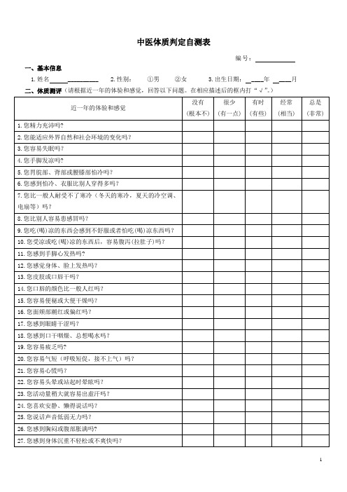 中医体质分类与判定自测表(调查)