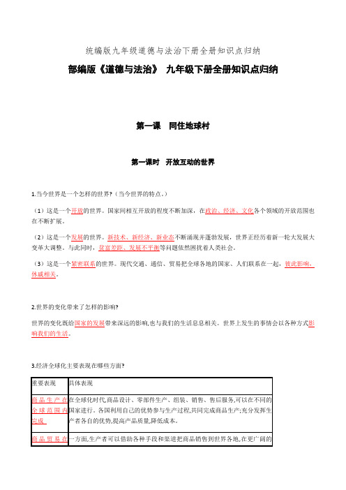 统编版九年级道德与法治下册全册知识点归纳