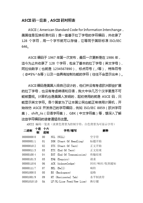 ASCII码一览表，ASCII码对照表