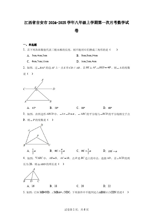 江西省吉安市2024-2025学年八年级上学期第一次月考数学试卷