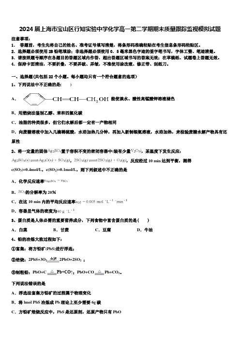 2024届上海市宝山区行知实验中学化学高一第二学期期末质量跟踪监视模拟试题含解析