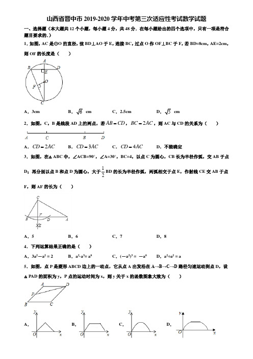 山西省晋中市2019-2020学年中考第三次适应性考试数学试题含解析