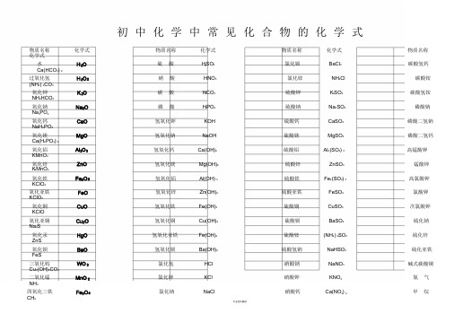 初中化学中常见化合物的化学式