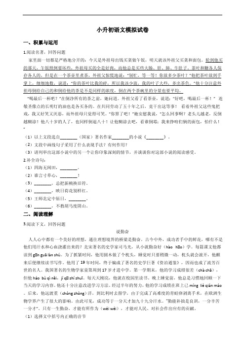 人教版小升初语文模拟试卷附答案