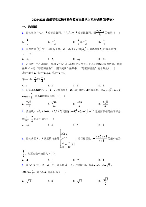 2020-2021成都石室双楠实验学校高三数学上期末试题(带答案)