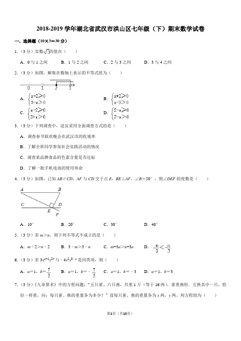 2018-2019学年湖北省武汉市洪山区七年级(下)期末数学试卷